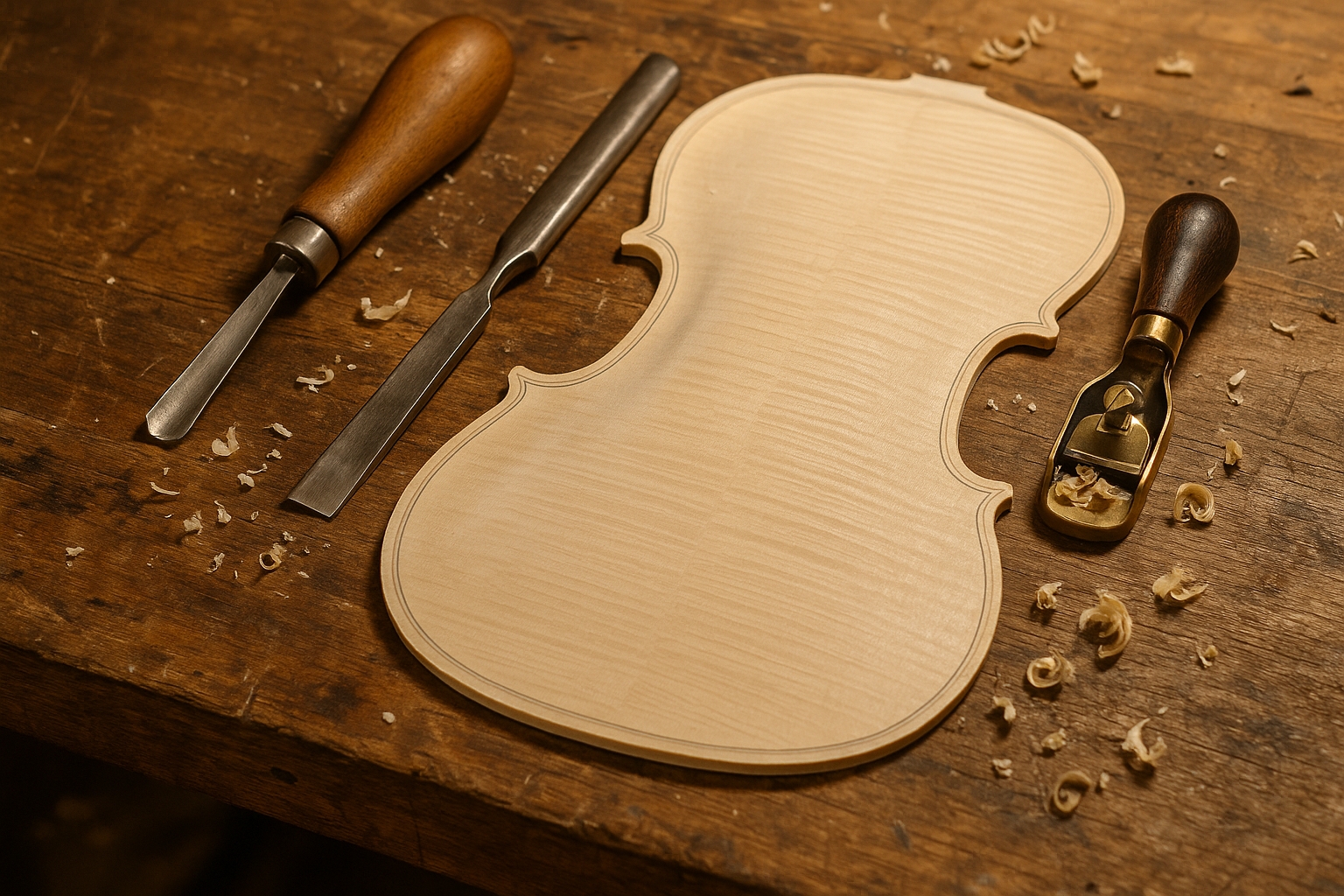 Close-up of violin plate and hand tools on the bench